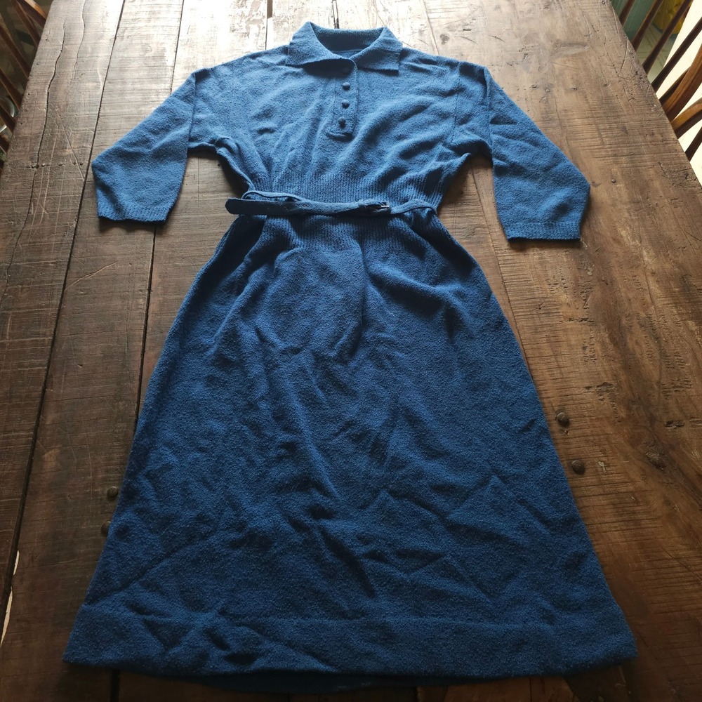 Vintage 1950s Royal Blue Knit Dress Belted Boucle Polo Collar Mid Century MCM